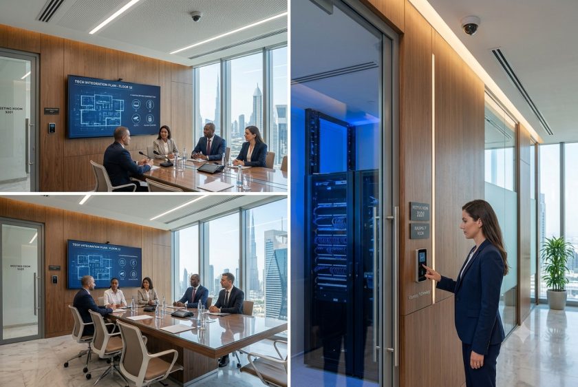 Integrated office fit out ELV systems in Dubai with CCTV, access control, meeting room AV and network infrastructure