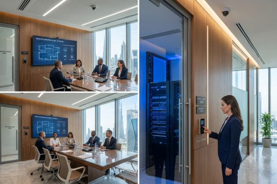 Integrated office fit out ELV systems in Dubai with CCTV, access control, meeting room AV and network infrastructure