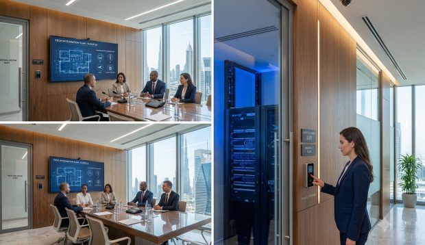 Integrated office fit out ELV systems in Dubai with CCTV, access control, meeting room AV and network infrastructure